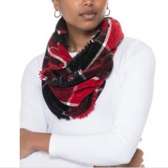 Charter Club Accessories - Charter Club Woven Chenille Loop Scarf fringed trim Black Red multi OSFM New